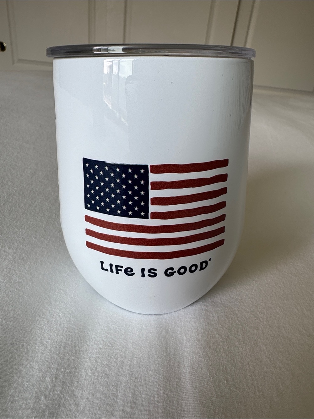 NWT CORKCICLE X LIFE IS GOOD 12 OZ STEMLESS INSULATED STAINLESS STEEL USA FLAG